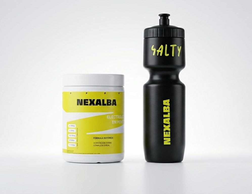 NEXALBA Combo — electrolitos en polvo de alta biodisponibilidad y botella deportiva