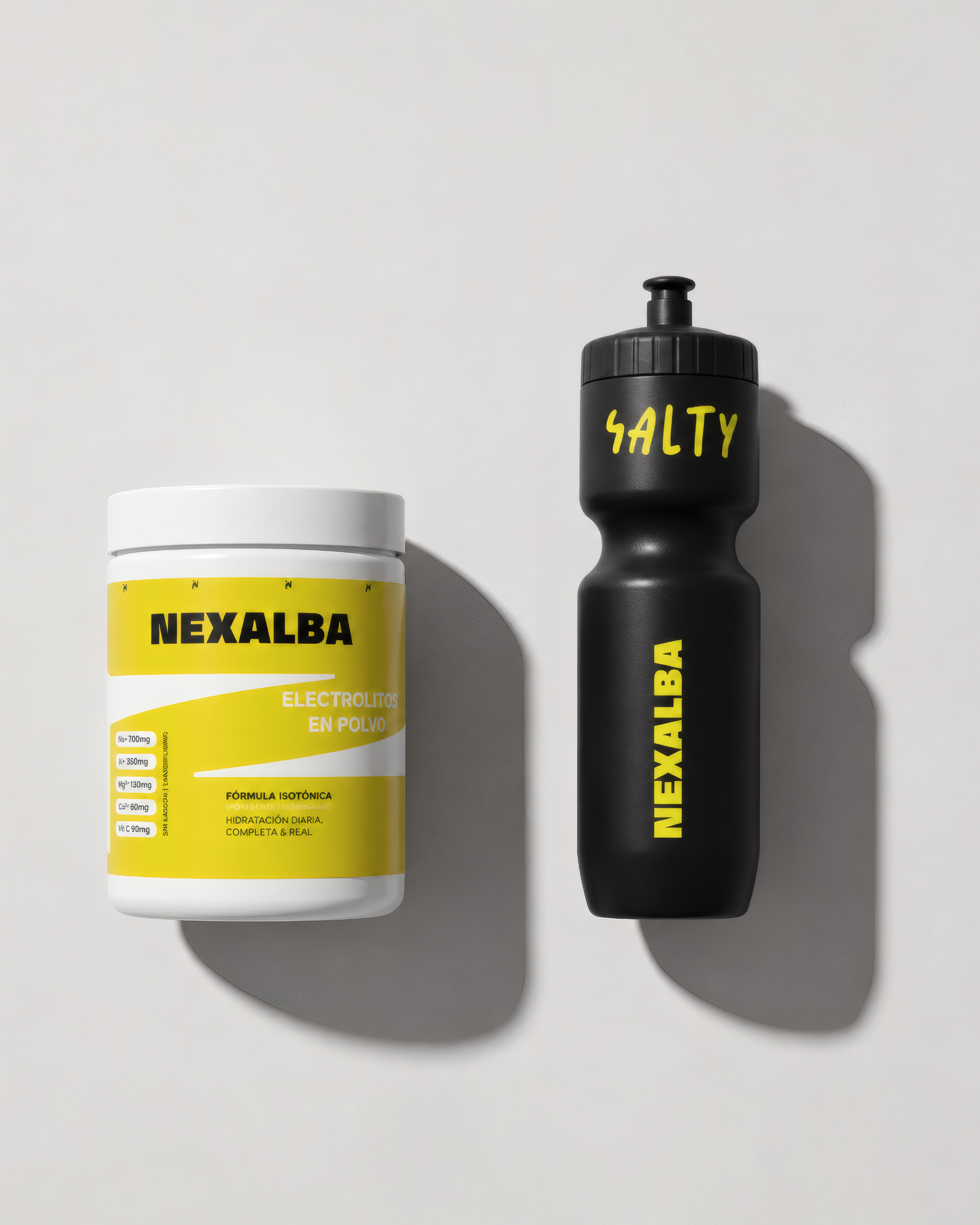 NEXALBA Combo — electrolitos en polvo de alta biodisponibilidad y botella deportiva